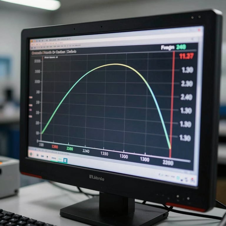 Close-up of a modern diagnostic screen showing engine performance curves in a clean garage.
