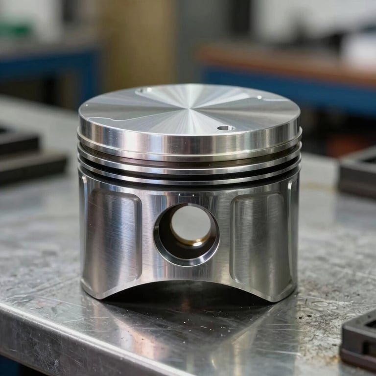 Macro shot of a clean automotive piston assembly on a steel table in a Brazilian workshop.