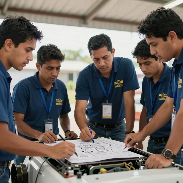 A technical team of South American / Brazilian mechanics discussing a project around a vehicle.