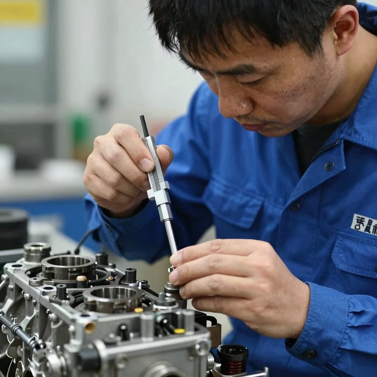 A technician in blue uniform measuring engine components with a precision micrometer.