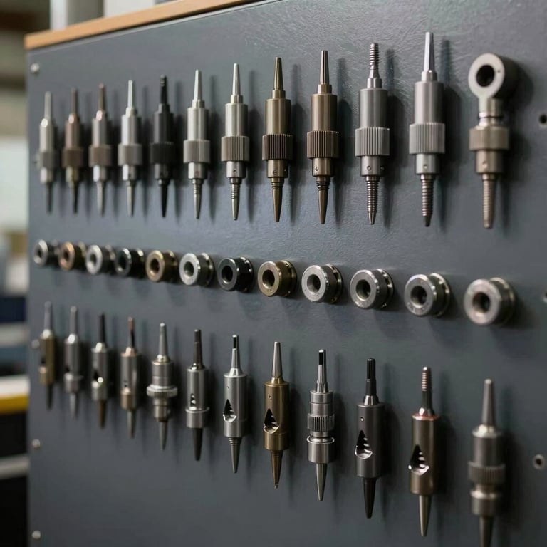 Rows of specialized engine reconditioning tools organized neatly on a dark grey wall.