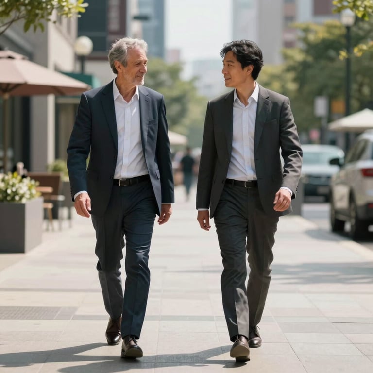 Two professionals walking and talking in a sunlit North American outdoor plaza, dressed in modern business attire.