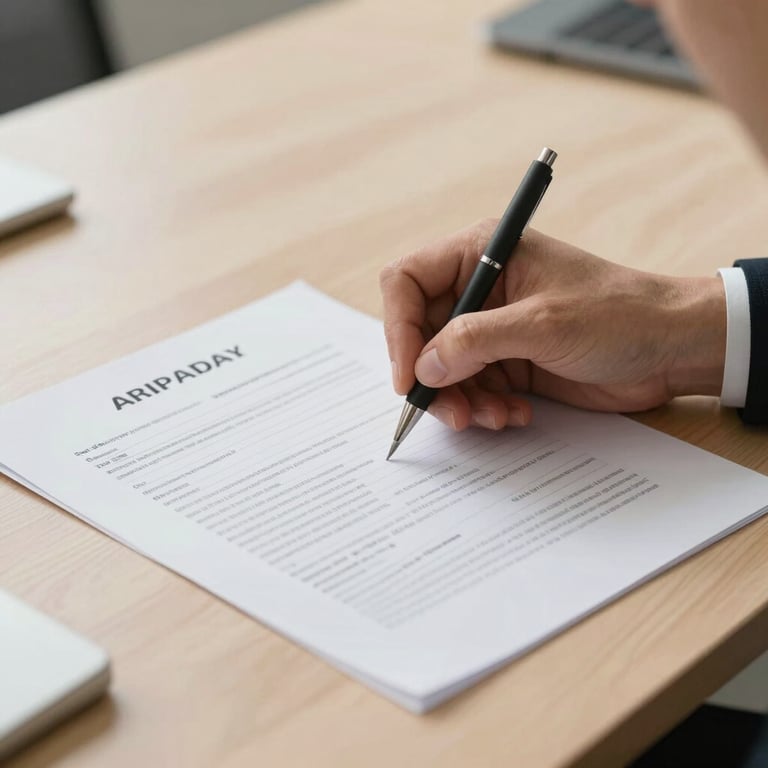 A focused shot of a hand signing a structured financial document on a clean, light wood desk in a professional setting.