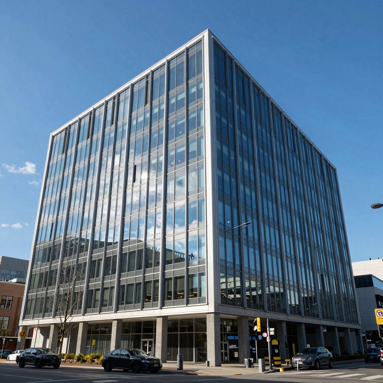 A wide shot of a contemporary corporate building in the US Pacific Northwest with glass facades reflecting a bright blue sky.