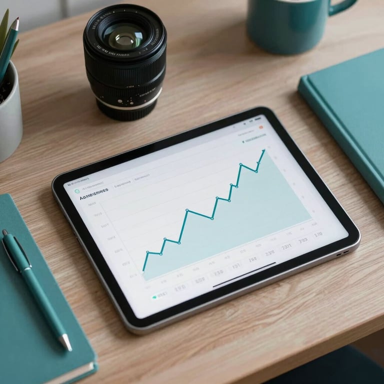 An overhead view of a modern workspace with a tablet displaying a clean financial growth chart, surrounded by stationery in medium teal accents.