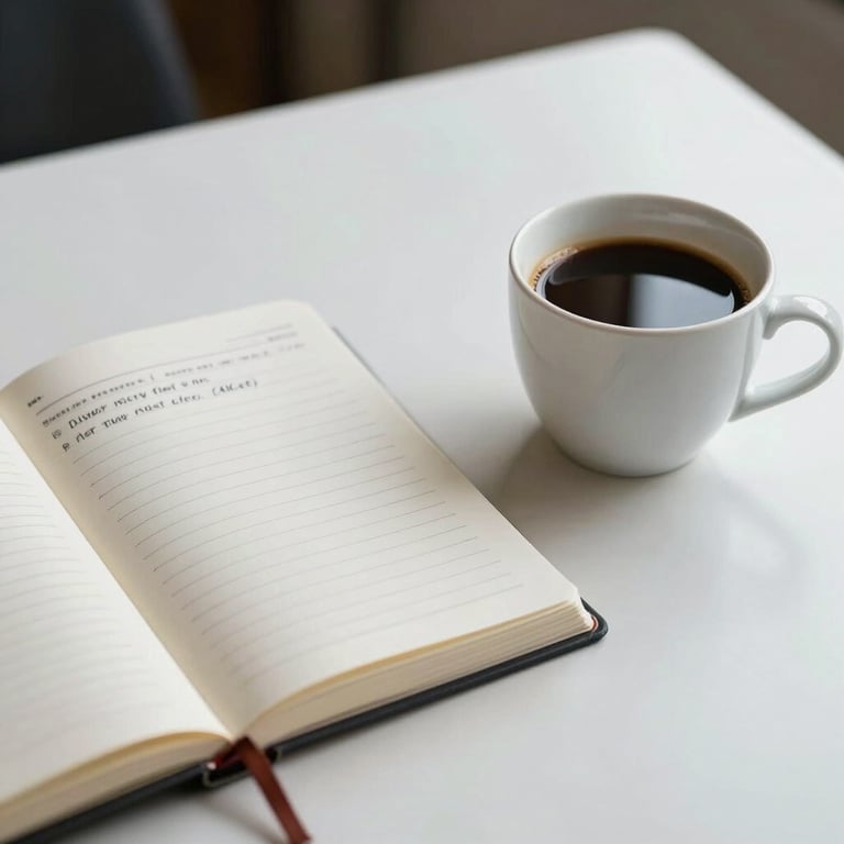 A close-up of a cup of coffee next to an open planner on a white desk, suggesting organized financial planning and clarity.