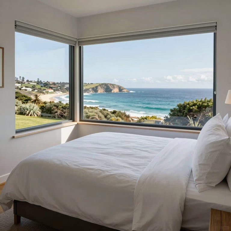 A beautifully made bed in a holiday home with crisp white linens and a window view of the Bellarine Peninsula coastline.