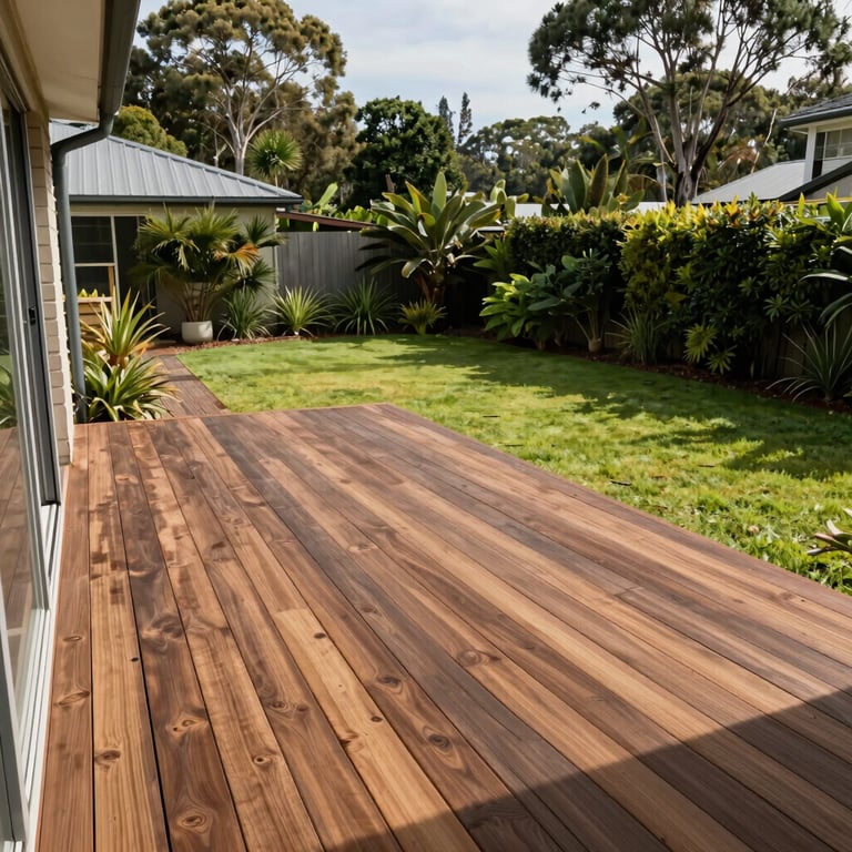 A high-angle shot of a clean wooden deck on a residential property, overlooking a lush green Australian garden under a clear sky.