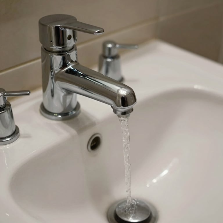 Macro photography of a bathroom sink with chrome fixtures reflecting light, illustrating extreme hygiene and attention to detail.