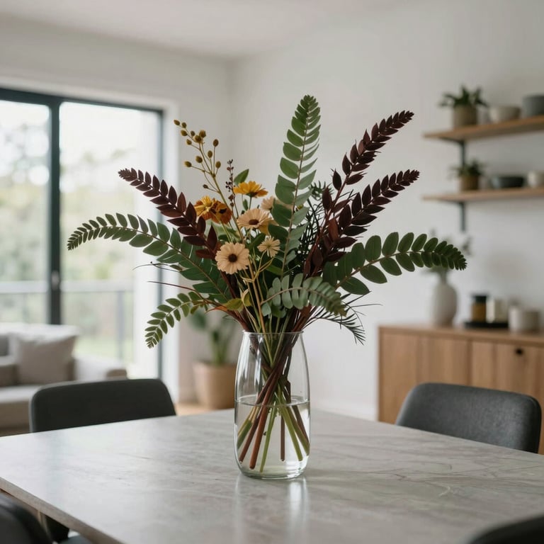 A bright dining area in an Airbnb rental, perfectly staged with local Australian flora in a glass vase on a dust-free table.