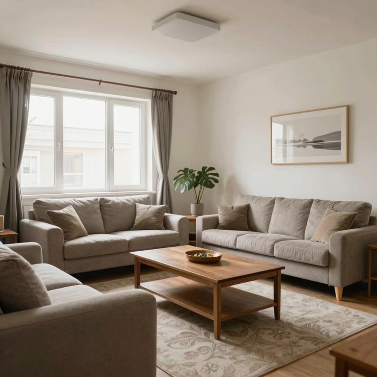 A spotless living room in a commercial property, showing organized furniture and high-standard cleanliness in natural daylight.