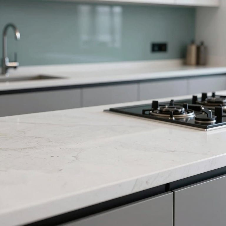 A close-up of a sparkling clean modern kitchen in an Australian home, focusing on polished white stone benchtops and a minimalist teal backsplash.