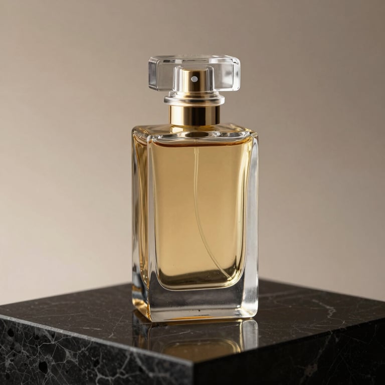 A single, elegantly designed glass perfume bottle on a minimalist black marble base with gold reflections.