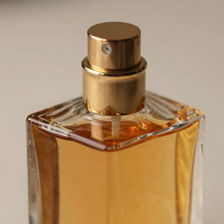 A close-up of a heavy glass fragrance bottle with amber liquid and a polished gold cap.