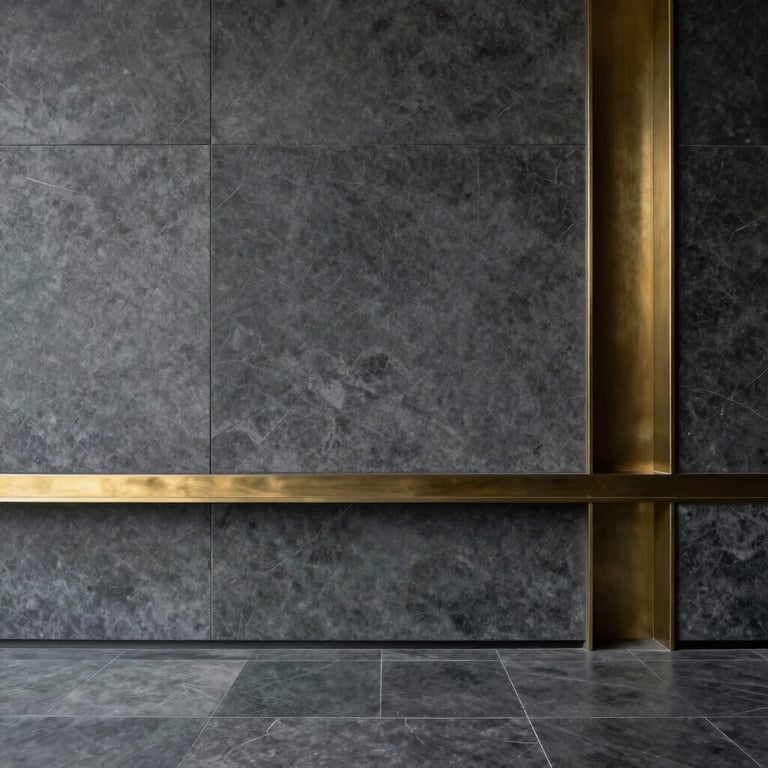 Minimalist architectural interior featuring clean charcoal stone lines and brass accents, Western / Global.