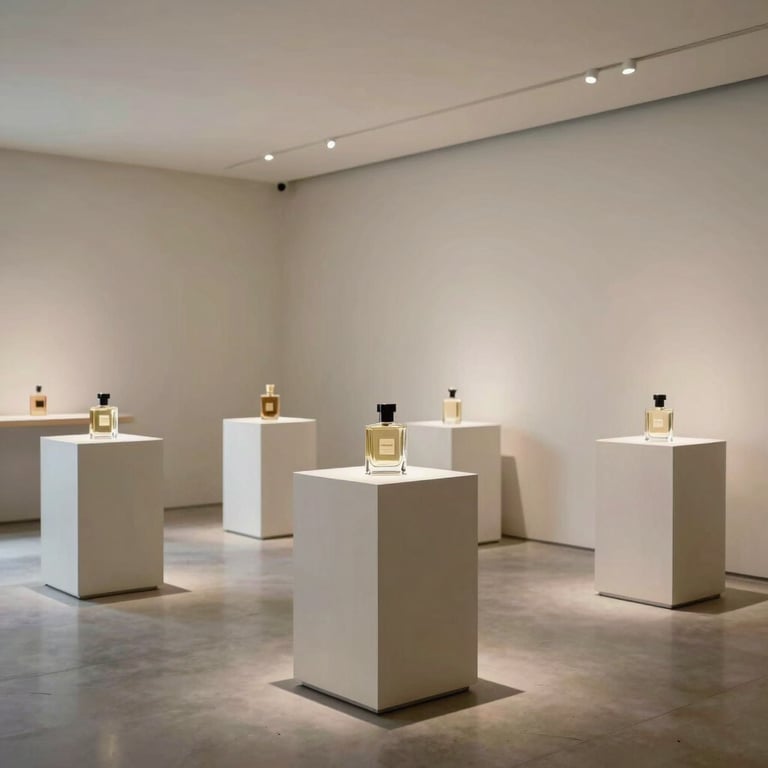 A minimalist North American / US showroom with high ceilings, featuring discrete perfume pedestals.