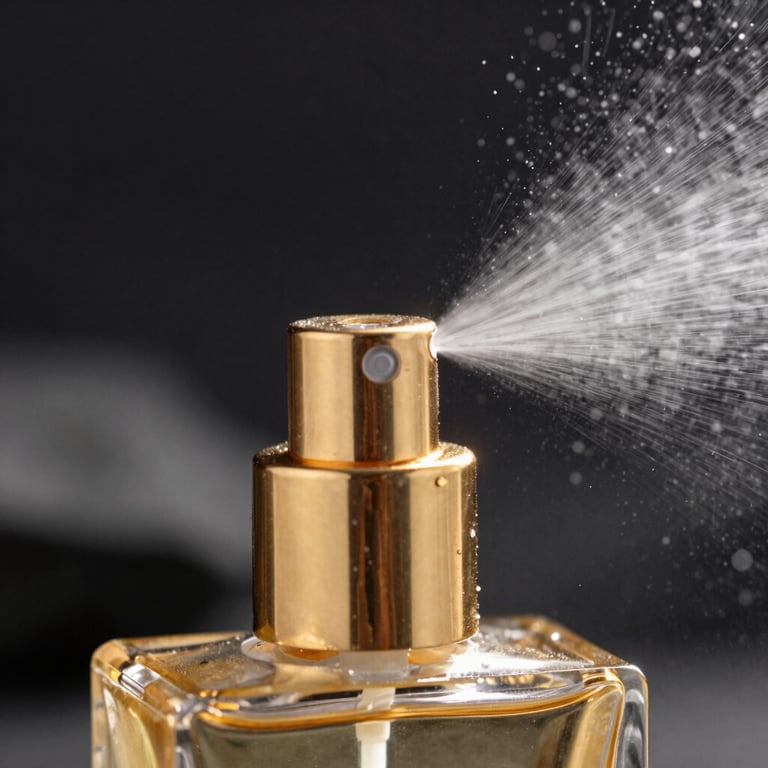 Macro detail of a gold perfume atomizer sprayer with fine mist and charcoal background.