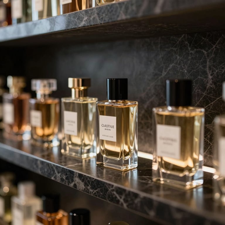 A collection of niche perfume bottles on a sleek, dark marble shelf. Luxury North American / US boutique aesthetic.