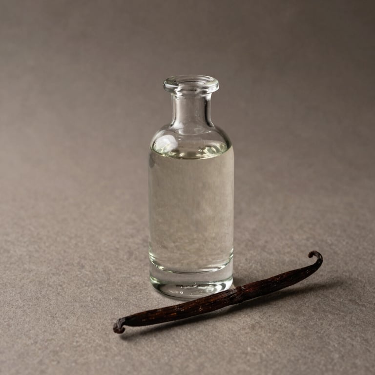 Still life of an elegant glass bottle next to a single vanilla bean on a textured taupe surface.