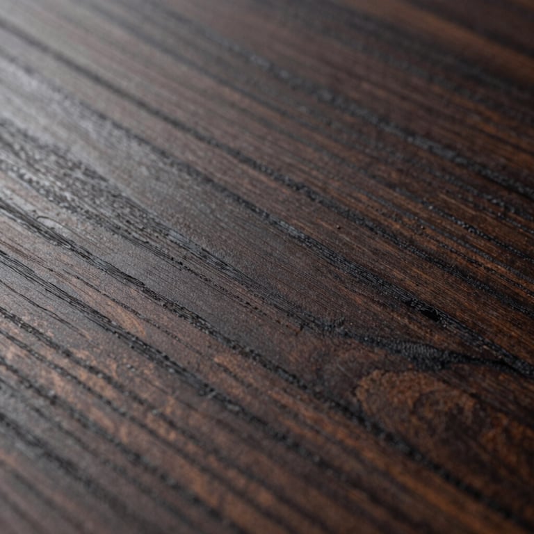 Macro shot of dark ebony wood grain with soft side lighting and luxurious textures.