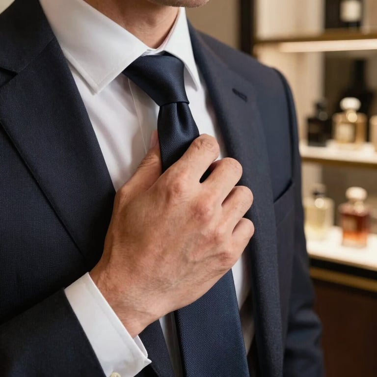A man's hand adjusting a dark silk tie, focus on the blurred luxury lounge background with fragrance displays.