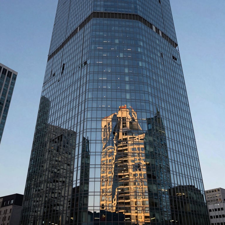 Modern glass skyscraper reflection at twilight in a high-end European district, Western / Global.