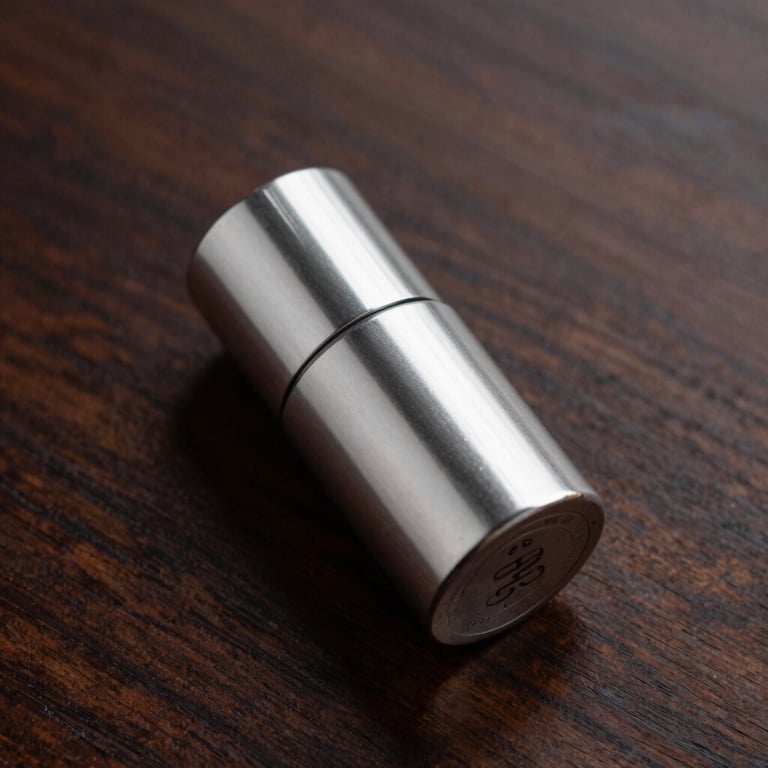 Detailed view of a silver perfume cap resting on a piece of dark, polished mahogany wood.