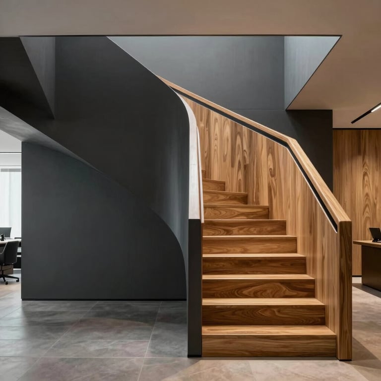 Minimalist architectural staircase with charcoal and oak finishes in an exclusive office, Western / Global.