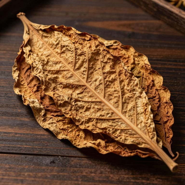 Textural detail of dried tobacco leaves resting on a dark oak surface with warm lighting.