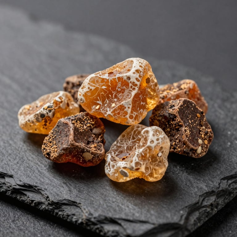Macro photography of raw incense resin pieces on a dark slate stone background.