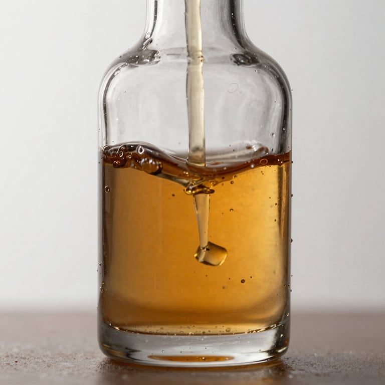 Macro shot of amber-colored liquid moving inside a crystal bottle under soft studio lighting.