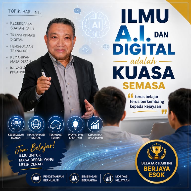 A male educator teaching an AI and digital transformation seminar with Indonesian text overlays.