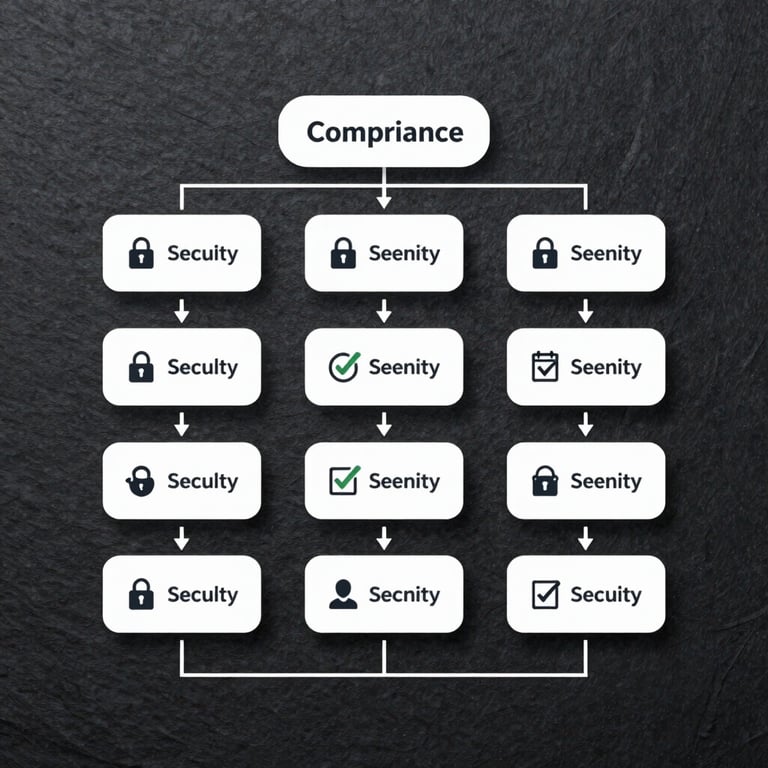 Clean vector diagram showing structured app compliance workflow, security checkmarks, and data-flow arrows on a dark slate background.