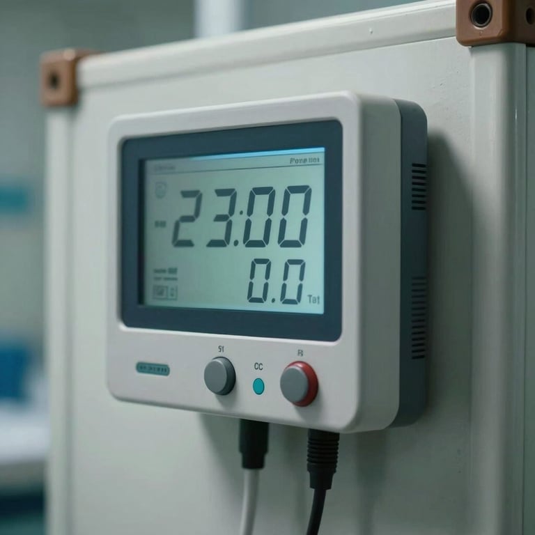 Close-up of a digital temperature monitoring device attached to a medical cold-chain shipping container, displaying a clear digital readout in a sterile environment.