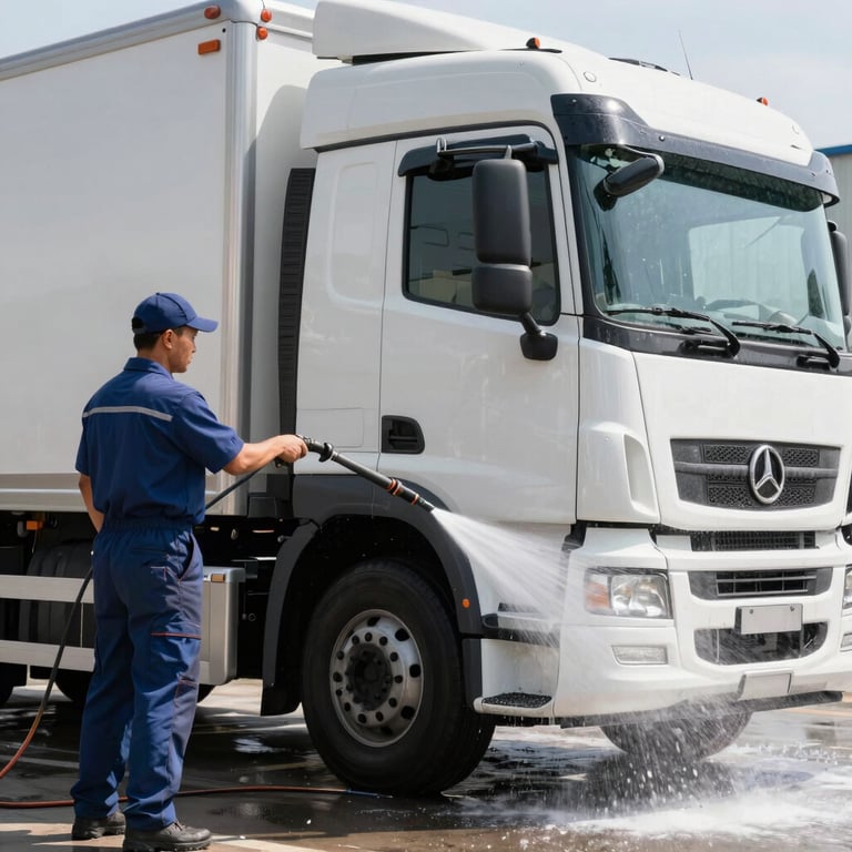 Technician pressure washing a large white commercial truck, focused spray pattern removing dirt, bright daylight, professional atmosphere.