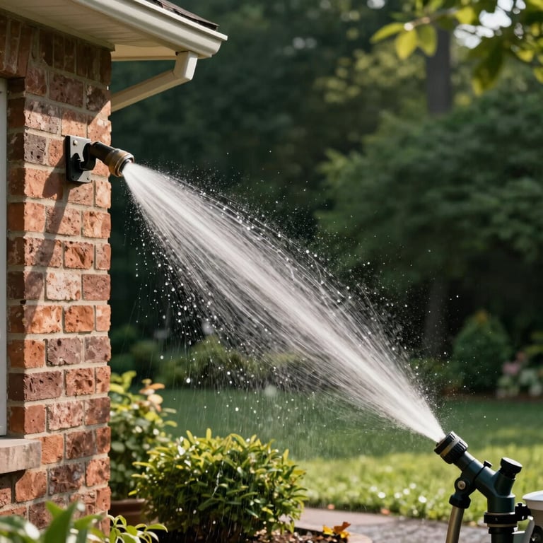 A high-pressure water stream cleaning a North American residential brick exterior, water droplets sparkling in the sun against a backdrop of matte forest green landscaping.