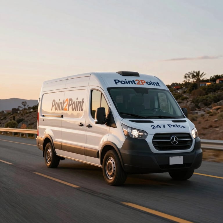 A Point2Point service van driving down a scenic North American highway during sunrise, symbolizing 24/7 reliability and sophisticated service.