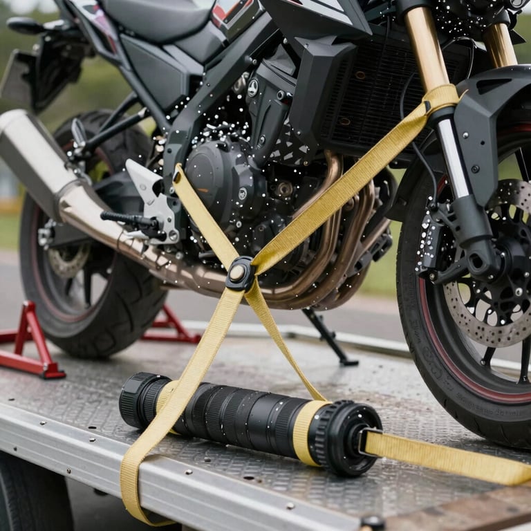 Detailed shot of securing a motorcycle onto a recovery trailer with high-tension straps, crisp parchment colored equipment, outdoors.