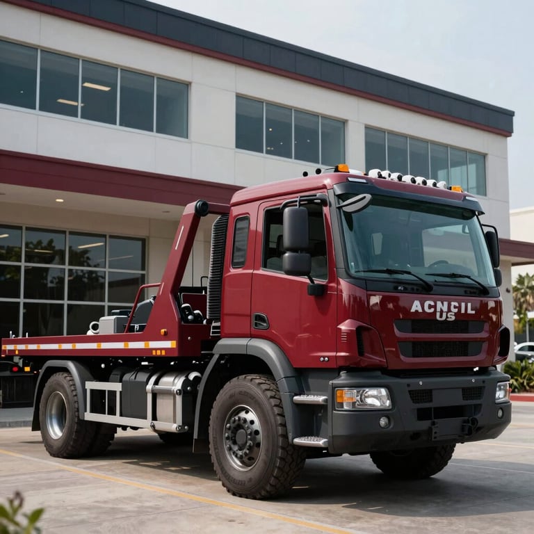 A heavy-duty towing vehicle parked neatly in front of a modern commercial office building in the US, deep ripe crimson branding accents visible.