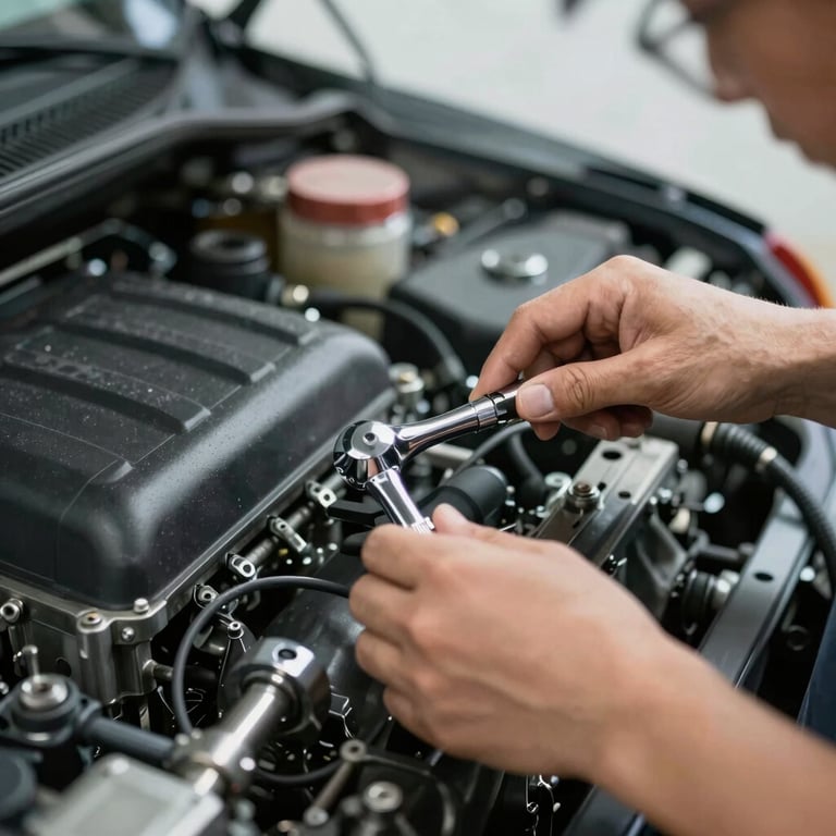 Close-up of a technician's hands working on a vehicle engine, using high-quality chrome tools, professional lighting in a clean workspace.