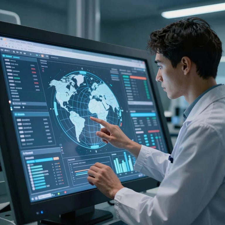 A focused professional interacting with a large touch-screen interface showing data visualizations in a dark blue laboratory. International / Global.