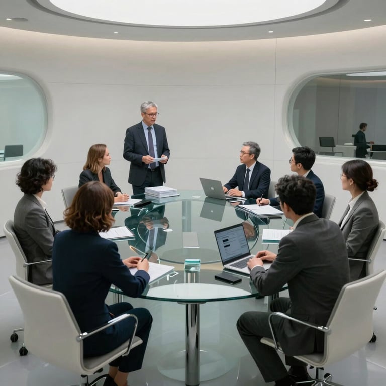 A futuristic boardroom with glass tables and minimalist furniture where people are collaborating on innovation strategies. International / Global.