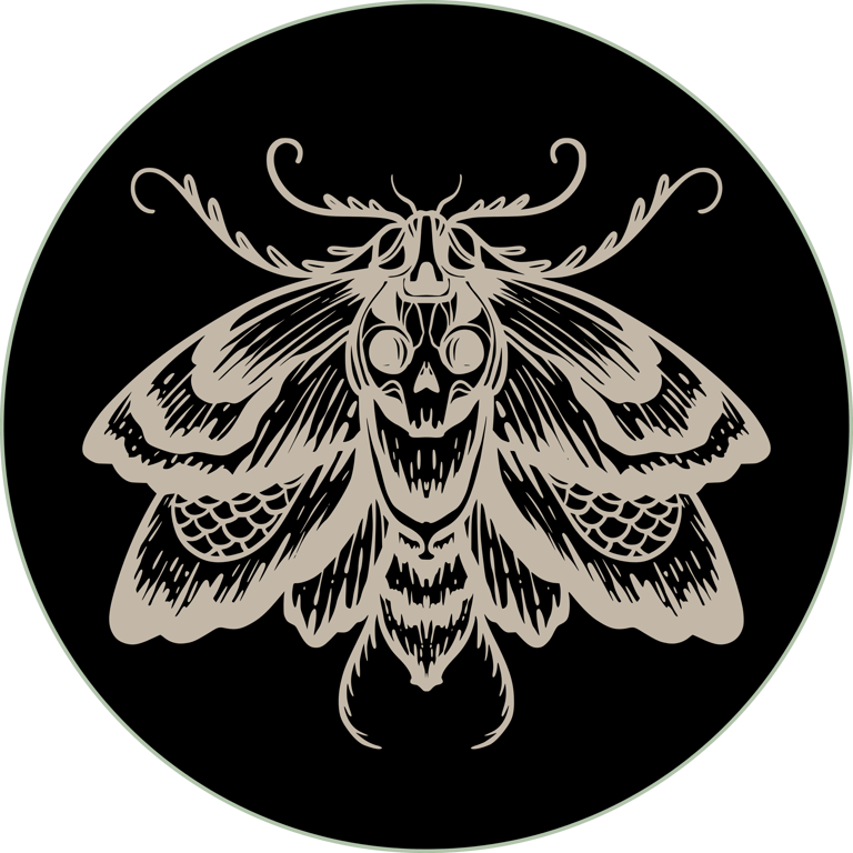 Gothic skull moth illustration in a black circle, featuring intricate wings and dark occult aesthetics.