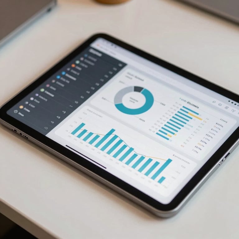 Detailed shot of a digital tablet on a clean desk showing a modern software interface with business data charts.