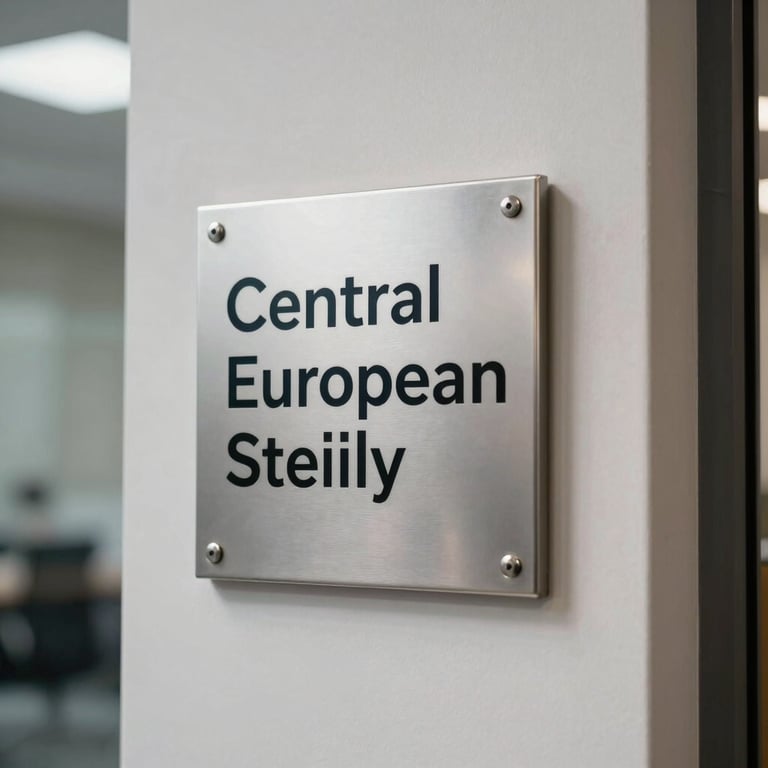 Close-up of a silver doorbell plaque with professional typography in a clean office entryway, Central European style.