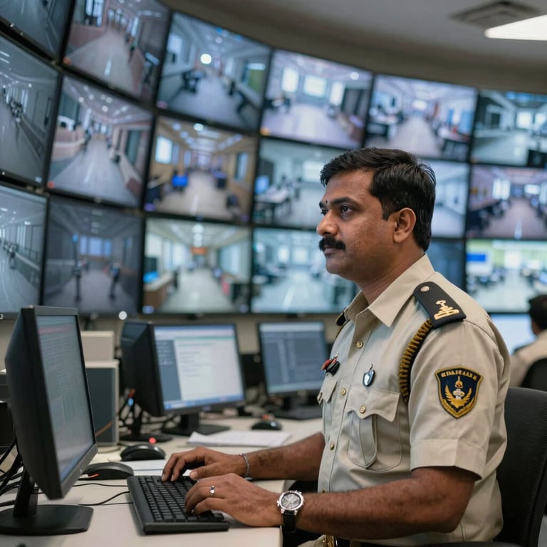 A South Asian / Indian security specialist monitoring a wall of high-definition surveillance screens in a command center.