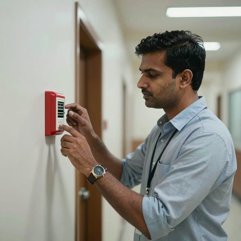 A South Asian / Indian engineer testing a fire alarm integration panel in a commercial building corridor.