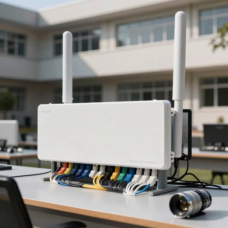 A professional networking setup in a large educational campus featuring structured cabling and wireless access points.