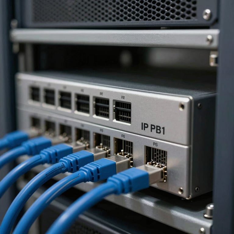 Close-up of a high-tech IP PBX hardware unit mounted in a professional server rack with Steel Blue cabling.