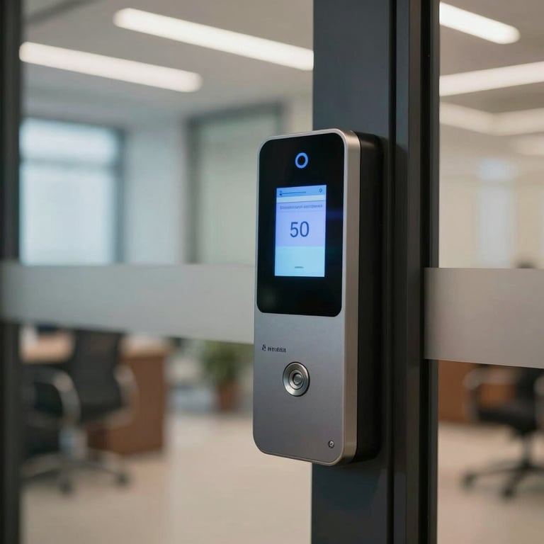 Modern office interior in New Delhi showing a sleek biometric access control system at the entrance.